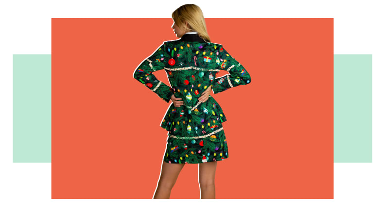 A shot of a woman wearing a Christmas Tree suit from behind.