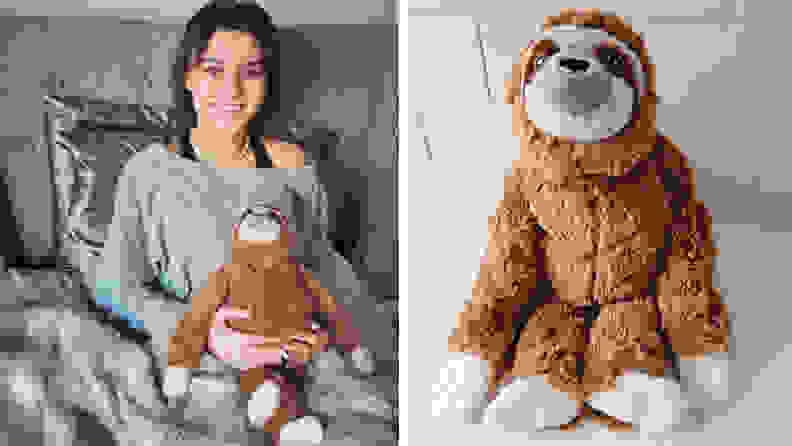 Photo collage of person holding the Lulumaia Weighted Sloth in bed and the Lulumaia Weighted Sloth on marble countertop.