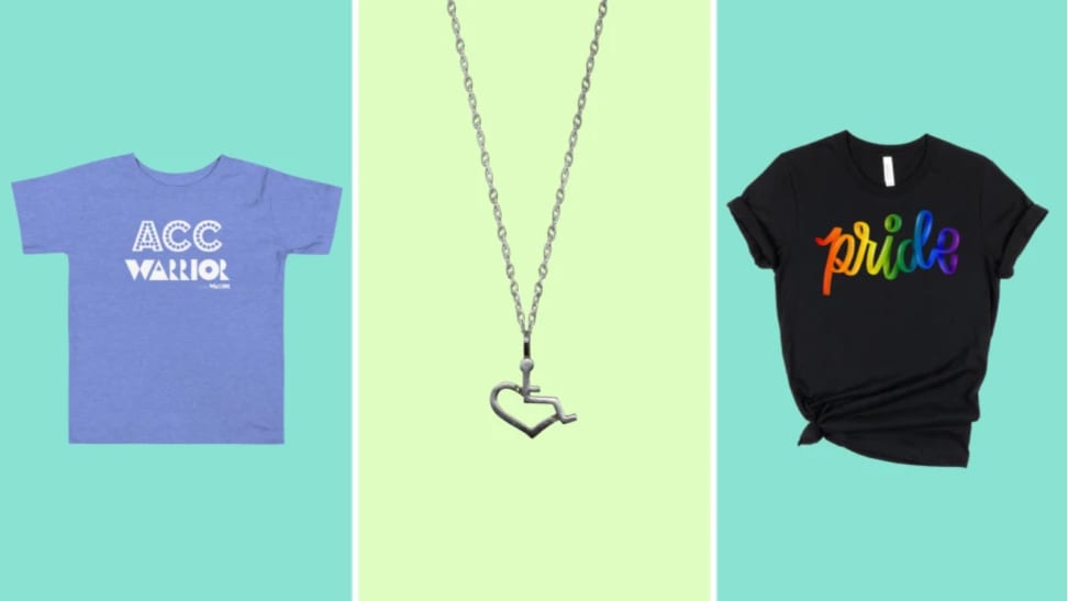 From the left to the right is a blue Littlest Warrior T-shirt, a 3E Love necklace, and WildflowerandPenny black T-shirt.