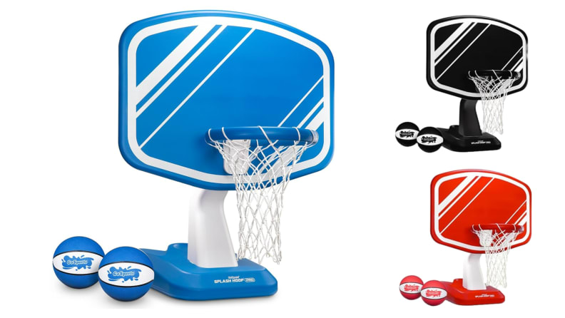 Three GoSports Splash Hoop Pro pool basketball hoops with blue, black, and red backboards.
