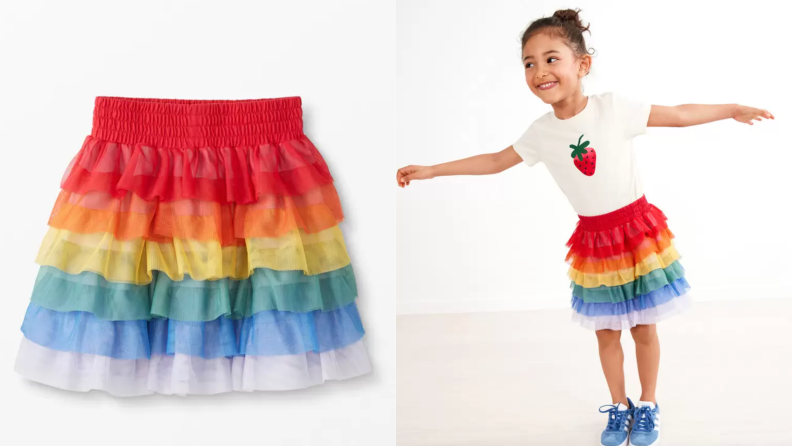 左边是彩虹薄纱裙。右边，年轻的女孩微笑着穿着彩虹薄纱裙子。