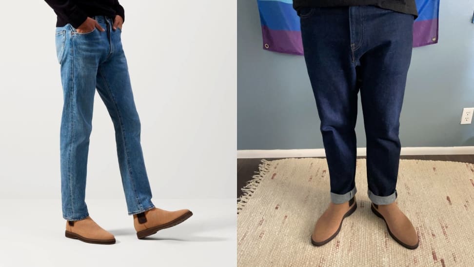Man taking a step in Rothy's Merino Chelsea Boots while wearing boots, man standing still on rug wearing a pair of Rothy's Merino Chelsea Boots.
