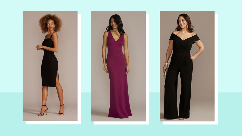 Collage of three David's Bridal dresses: one is a knee-length black dress, one is a floor length wine-colored gown, and a black jumpsuit.
