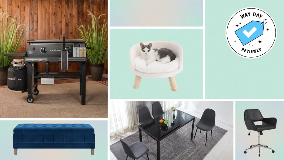 A collection of furniture with the Way Day Reviewed badge in front of colored backgrounds.
