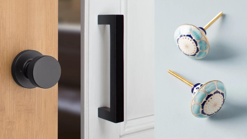 Three side by side shots of a round minimal door knob, a square door knob, and a decorative door knob.