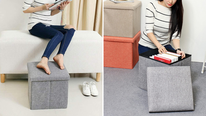 A small storage cube doubles as an ottoman.