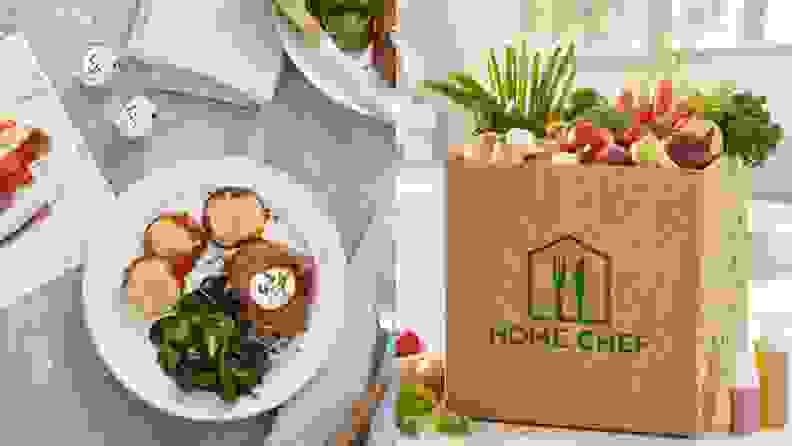 Left: A plated meal on a table. Right: A Home Chef box filled with produce.