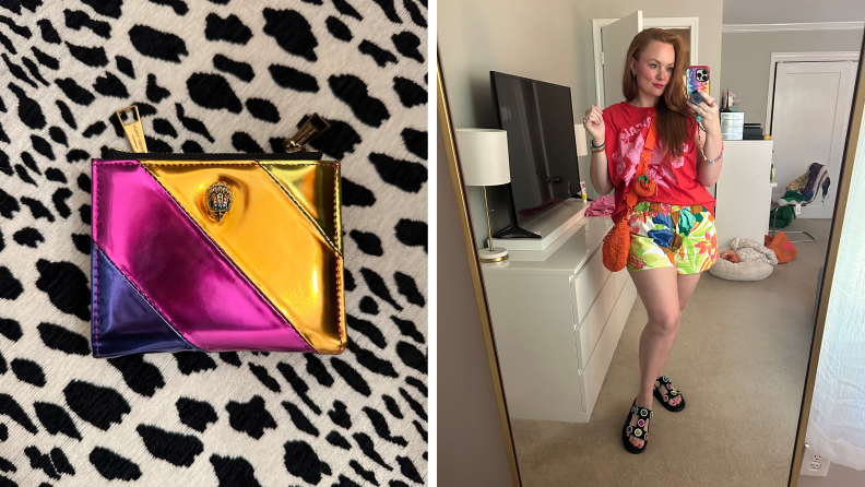 A small, rainbow-colored leather wallet against a printed background, and the author wearing printed shorts, a red T-shirt, and a crocheted orange handbag with rhinestone-encrusted sandals.