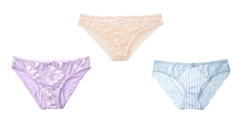 3 images of the lace bikini panty in purple beige and blue