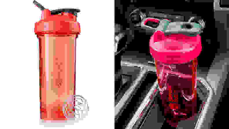 An image of a pink blender bottle in a cup holder.