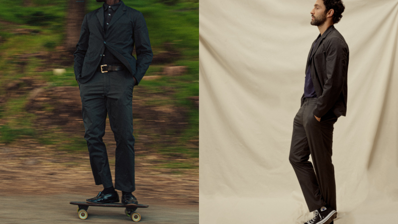 man on skateboard wearing Buck Mason Carry-On Suit in black, man in studio wearing Buck Mason Carry-On Suit
