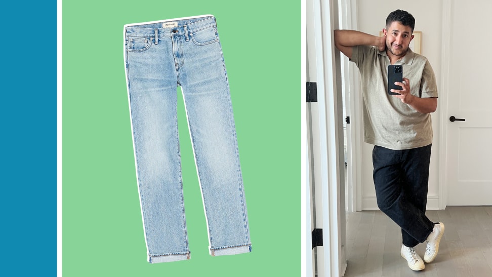 A pair of light wash jeans on the left, on the right is a photo of the author in an olive polo and a pair of black jeans.