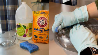 A shot of several cleaning products alongside a shot of someone cleaning the bottom of a pan.