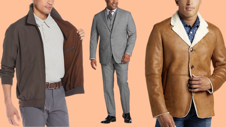 Models wearing a brown golf jacket, a gray suit, and a shearling jacket.
