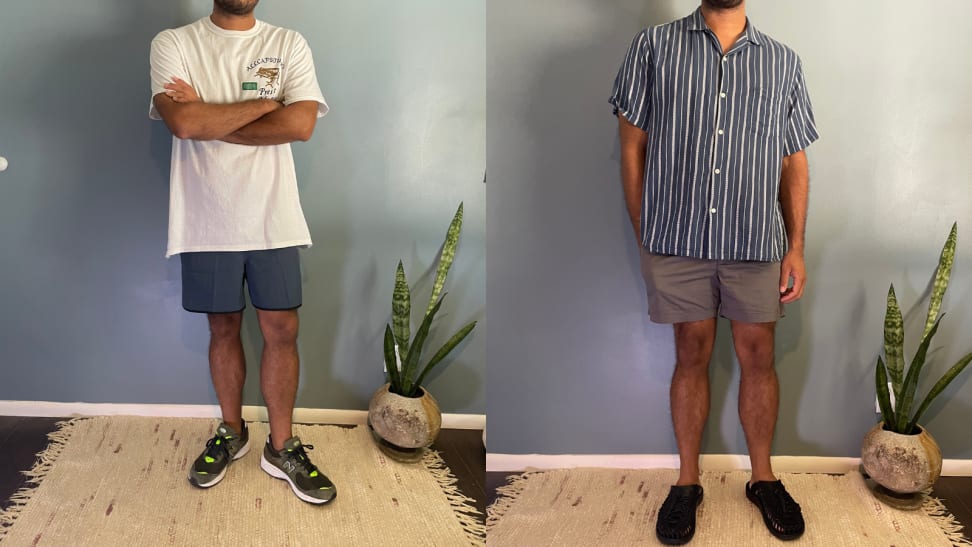 man wearing white T-shirt and blue Vuori Banks shorts with arms crossed, man wearing blue striped shirt in grey J.Crew shorts