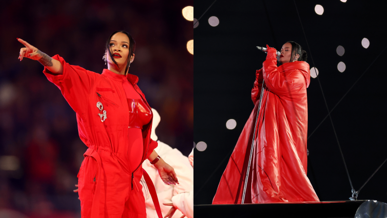 Photographs from Rihanna’s 2023 Superbowl performance where she is wearing a monochromatic red outfit.