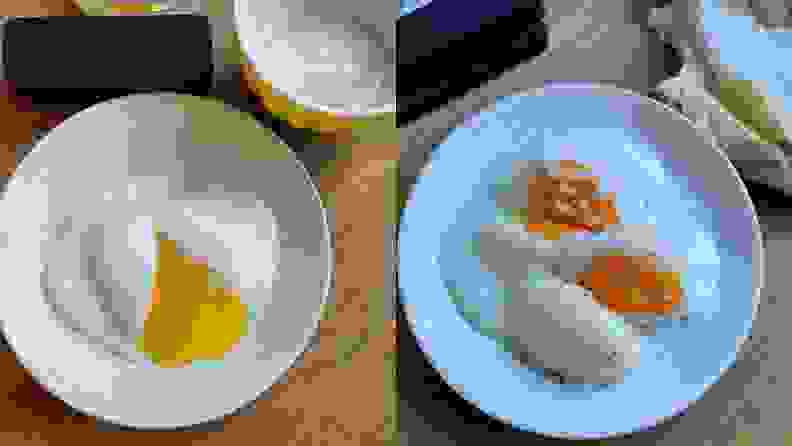 Photo collage of runny egg on a plate and two poached eggs on a plate.