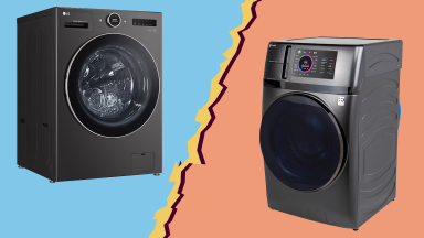 LG WM6998HBA Washer Dryer Combo versus GE Profile PFQ97HSPVDS with a lightning bolt between them