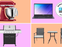 Images of a stand mixer, grill, laptop, and patio furniture against a multicolored background.