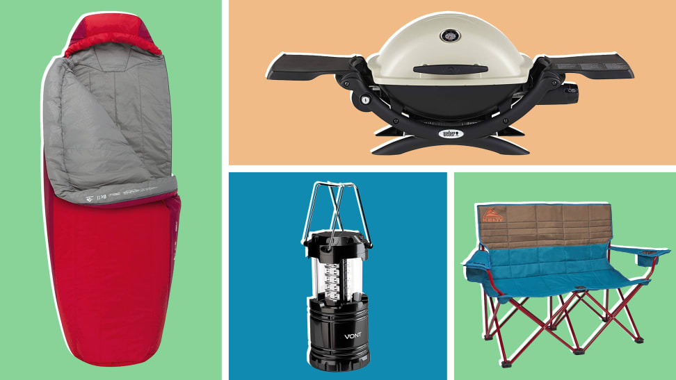 A Sea To Summit sleeping bag, a Weber camp grill, a Vont lantern, a Kelty camping chair.