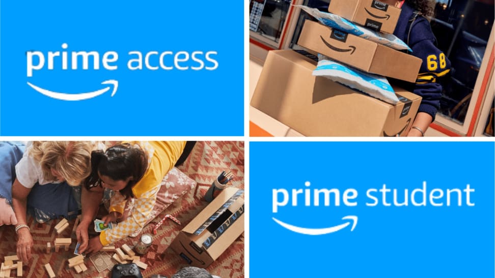 The logo for Amazon Prime Access and the logo for Amazon Prime Student next to images of people with Amazon packages.