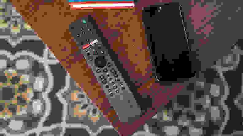 A close-up of the remote control that comes with the Sony X80J