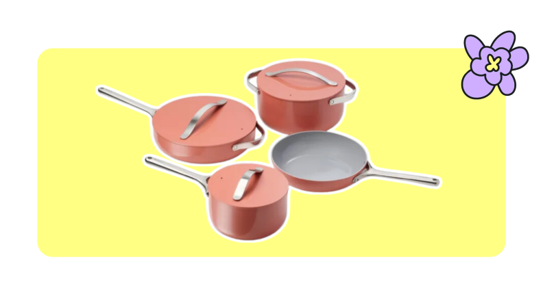 A set of four stainless steel Caraway pots and pans in Perracotta color.