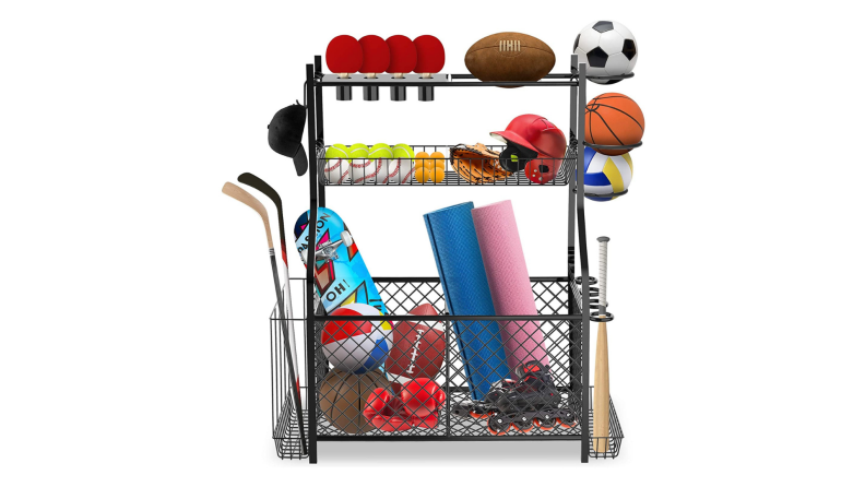 All-in-one storage organizer with items like yoga mats, tennis table paddles, a skateboard, and other sporting goods