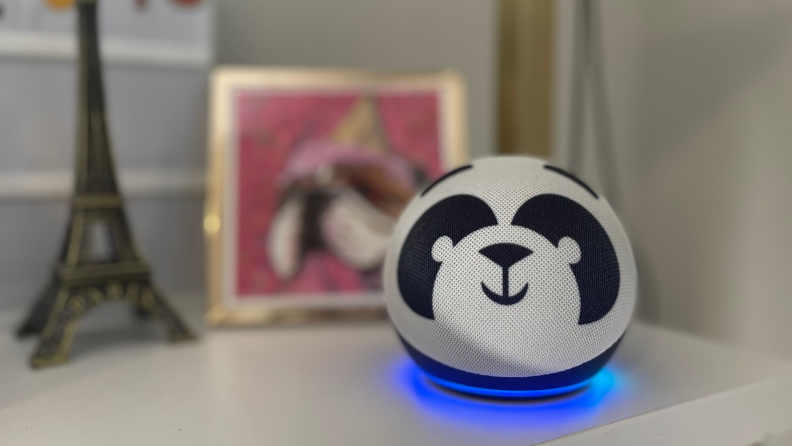 Aamzon Echo Dot (fourth-gen) Kids Edition on a bookshelf