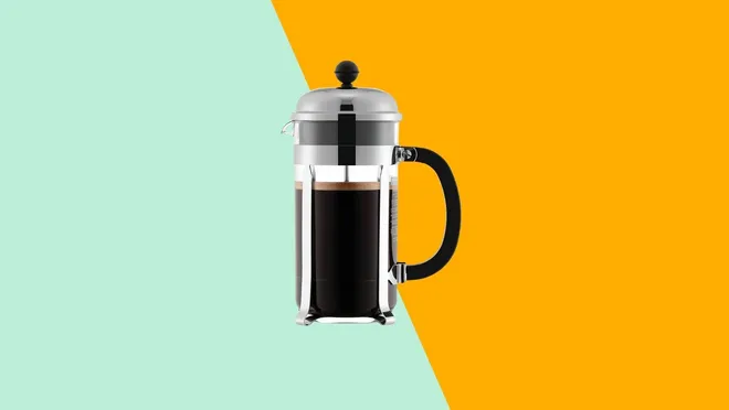 The Bodum French Press Coffee Maker in front of an artistic background.