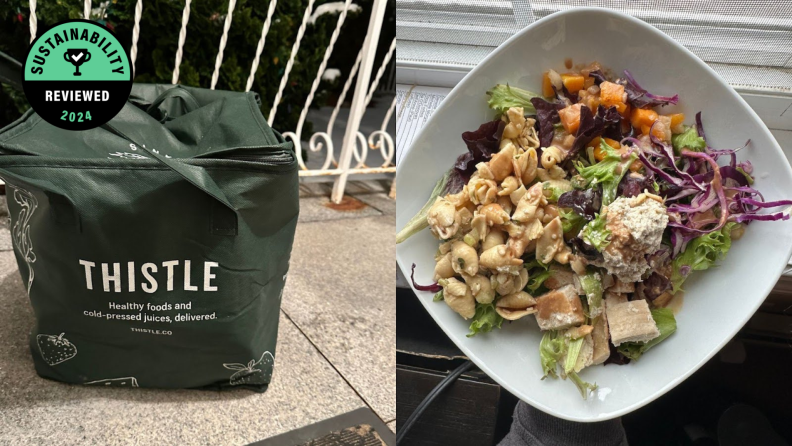 Left: Thistle reusable cooler bag on a front porch. Right: Bowl filled with fresh vegetables and pasta.