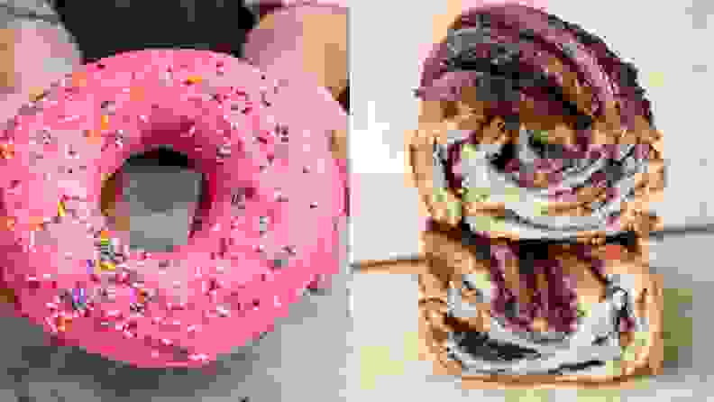 Left: A massive donut with pink frosting and sprinkles. Right: Two thick, homemade cinnamon rolls.