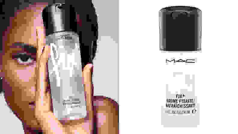 On the left: A model holds the transparent bottle of M.A.C. Cosmetics Fix+ spray. On the right: A mini of the M.A.C. Fix+.