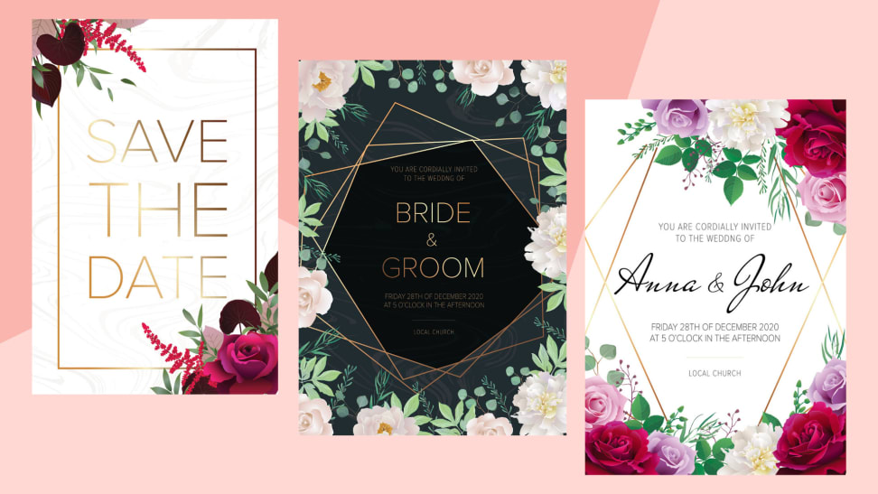 Three examples of floral wedding invitations against a pink background.
