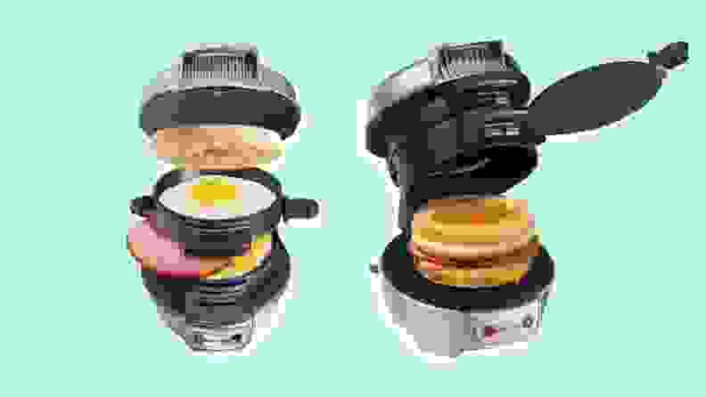 Two photos of breakfast sandwich makers with all ingredients exposed