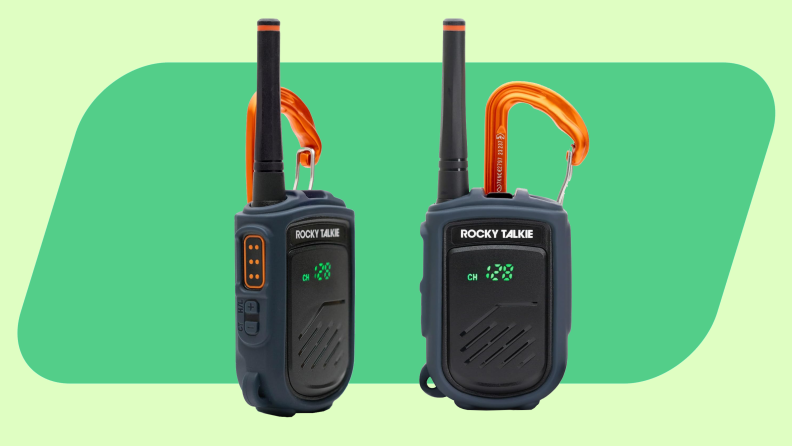 Two Rocky Talkie Mountain Radios on green background