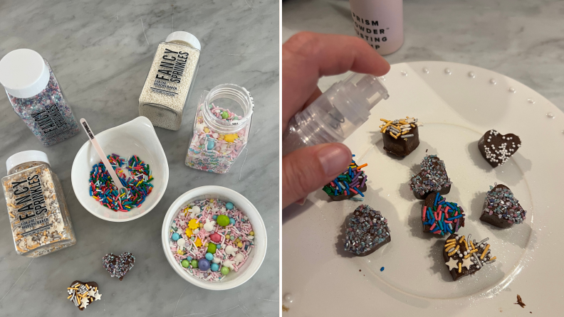 Left: Bowls and jars of colorful Fancy Sprinkles on a marble counter. Right: Heart-shaped chocolates covered in sprinkles, being sprayed with glitter powder.