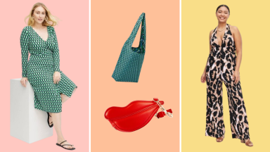 A model wearing a printed green wrap dress, a green tote bag, a red coin purse that looks like lips, and a leopard jumpsuit.