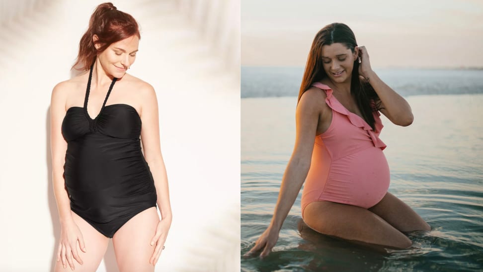 Pregnant women in black and pink swimsuits.