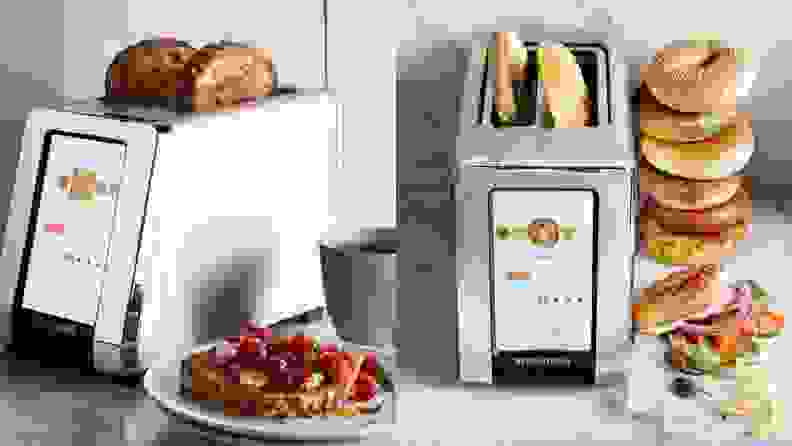 Left: touchscreen toaster with two slices of toast emerging. Right: stack of bagels beside touchscreen toaster