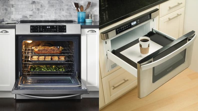 Two images of an oven and built-in microwave.