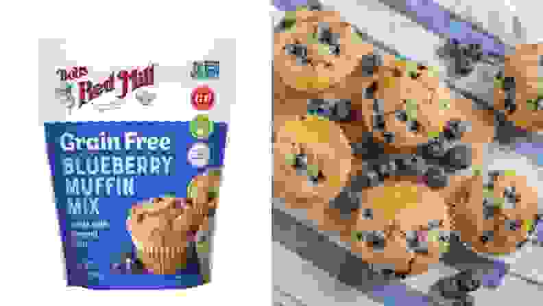 Left: A pouch of Bob's Red Mill Blueberry Muffin Mix. Right: Six blueberry muffins surrounded by blueberries.