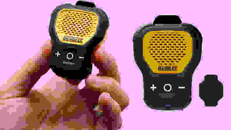A close-up of the Dewalt wearable mini speaker being held by a hand for scale, besides a larger image of the device and the magnetic plate it uses to attach.