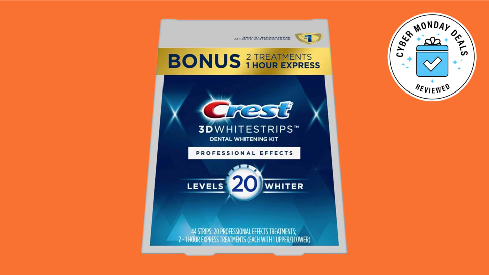 Package of Crest 3D White Strips on orange background