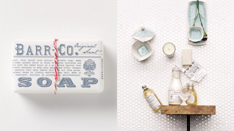 On left, Barr-Co. bar soap wrapped in red and twine. On right, Barr-Co. products, including the bar soap on white tile