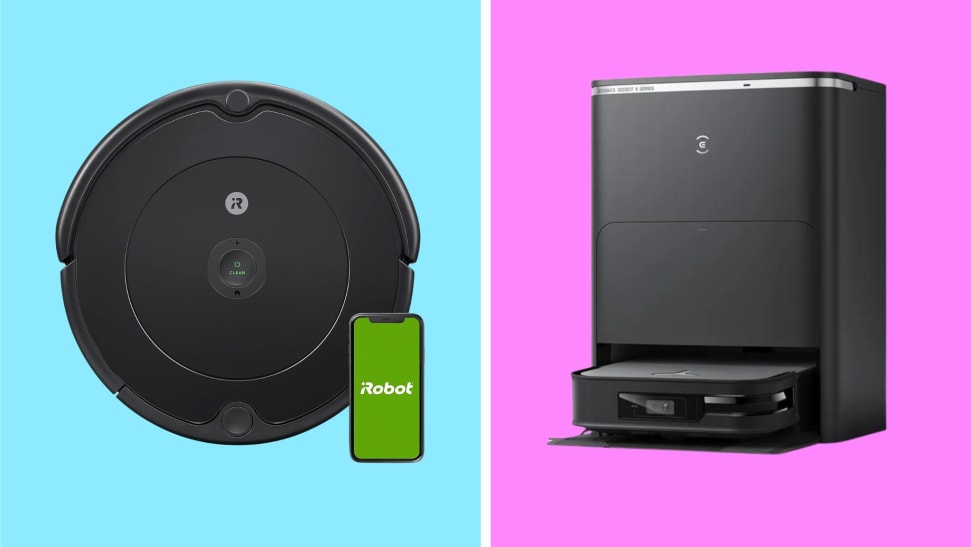 An iRobot and Ecovacs robot vacuum in front of colored backgrounds.
