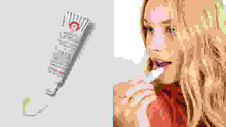 On the left: A blue squeeze tube of lip balm. On the right: A person with long blond hair applying lip balm to their lips.