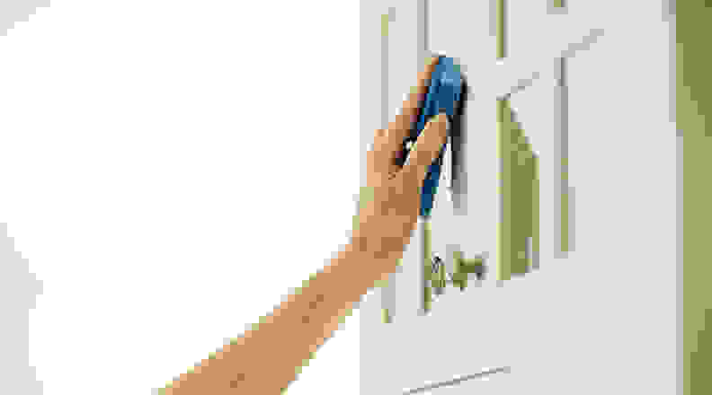 Hand cleaning door with sponge
