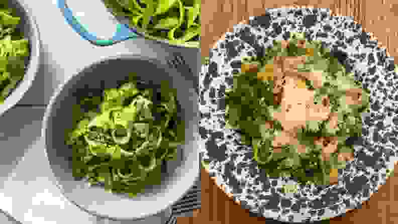 On left, Sunbasket's image of the Fresh Pappardelle Verde dish. On left, Reviewed's completed recipe.
