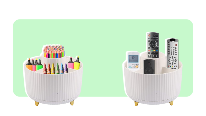 Two white rotating pencil organizers filled with highlighters, colored pencils, markers and remote controls.